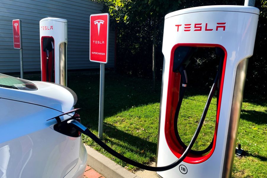 A Tesla Supercharger (different from a Tesla Destination Charger) charging a Tesla EV in Katowice, Poland