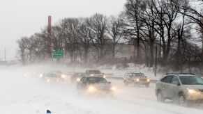 Winter driving in Cleveland, Ohio on the Detroit Shoreway during a heavy snowfall