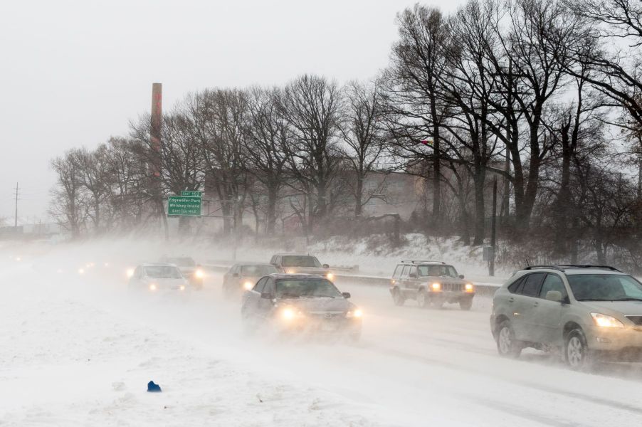 Winter driving in Cleveland, Ohio on the Detroit Shoreway during a heavy snowfall