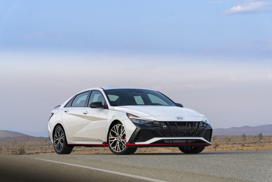 A light-blue 2022 Hyundai Elantra N on a desert racetrack