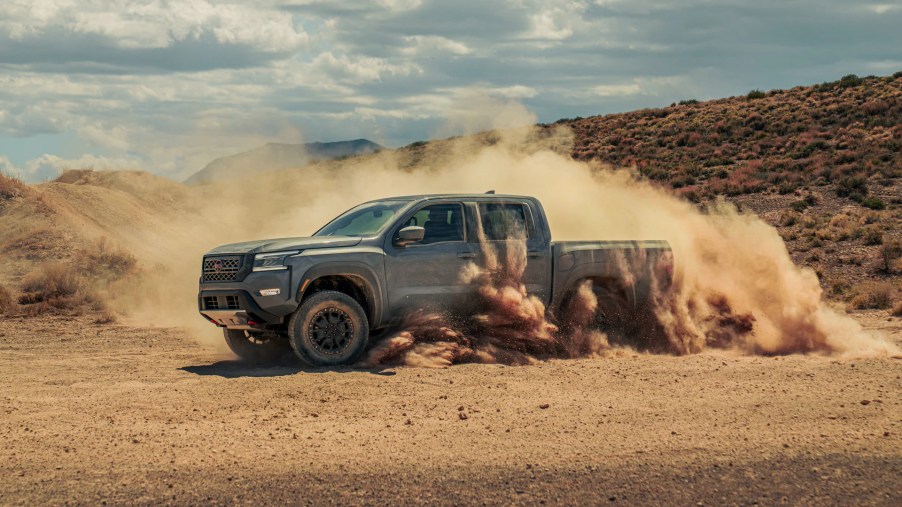 The 2022 Nissan Frontier is a mid-size truck that offers a standard V6 engine.