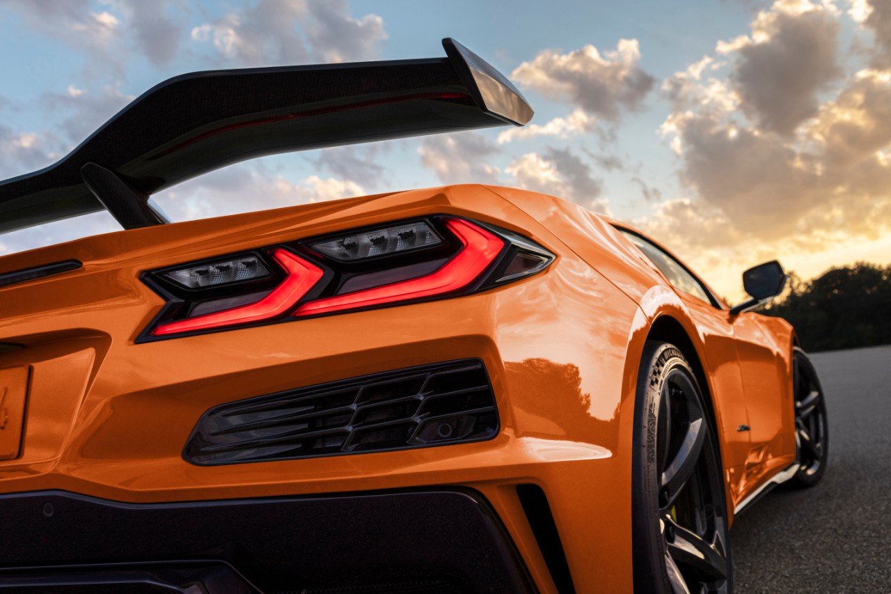 Rear Passenger side view of 2023 Chevrolet Corvette Z06 parked in front of the sunset