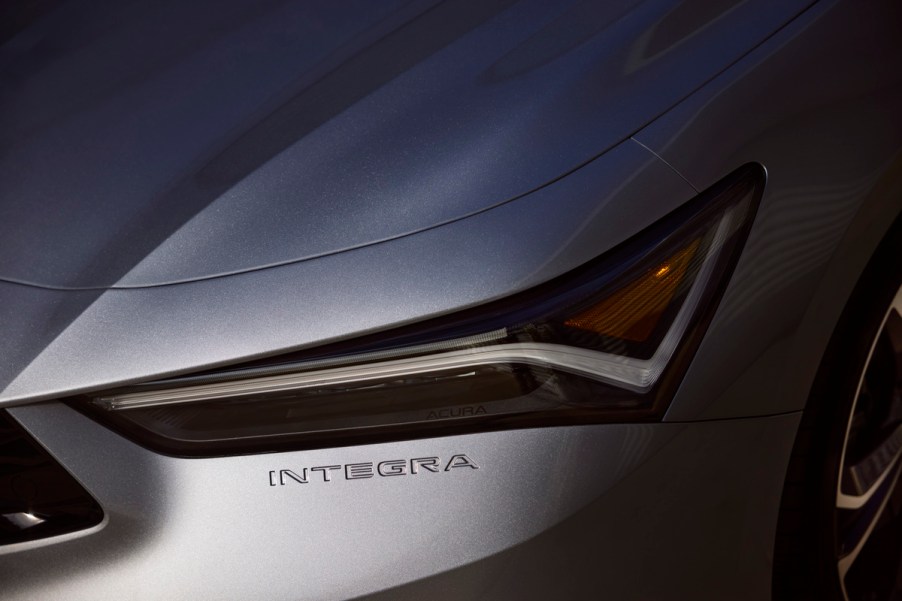 Close-up of an Integra embossed logo on the 2023 Acura Integra sedan