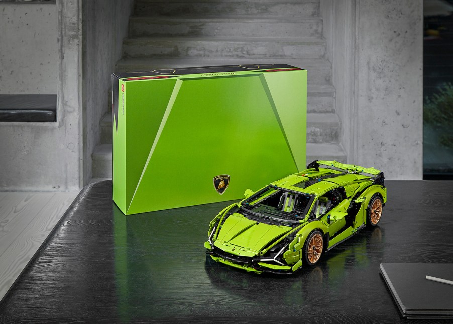 Lamborghini Sian Lego Technic green model on table displayed with its box