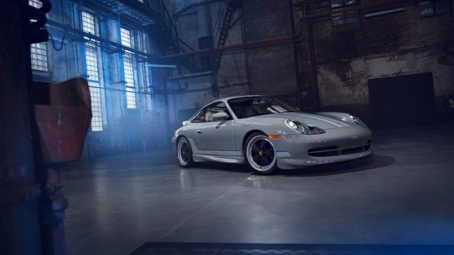 The gray 996 Porsche 911 Classic Club Coupe in a garage