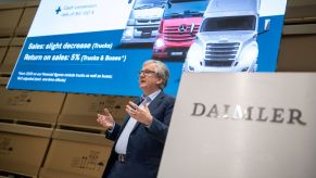 A Daimler Truck press conference as Chairman of the Board of Management Martin Daum speaks, prior to ending business in Russia