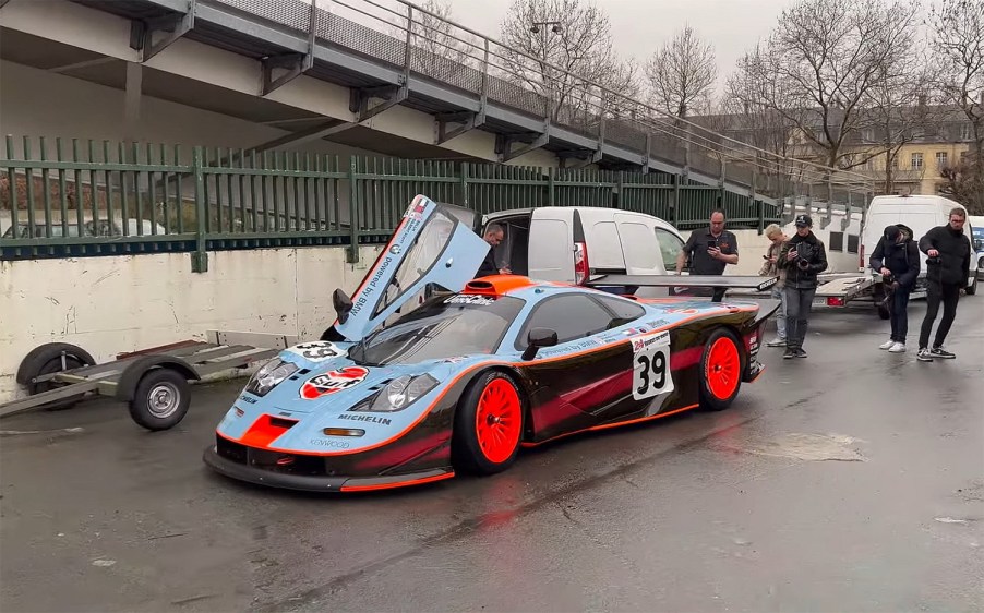 A Le Mans competition McLaren F1 GTR Longtail loading into Paris Retromobile car show