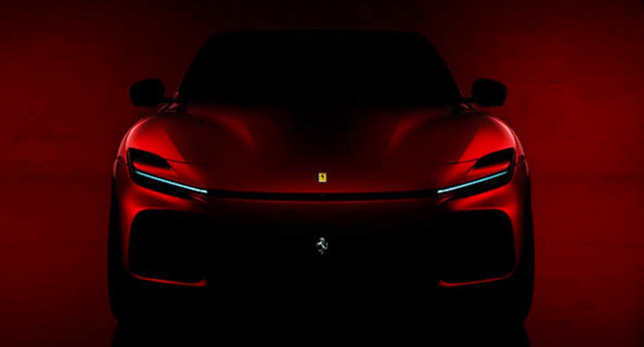 A red Ferrari Purosangue teaser.