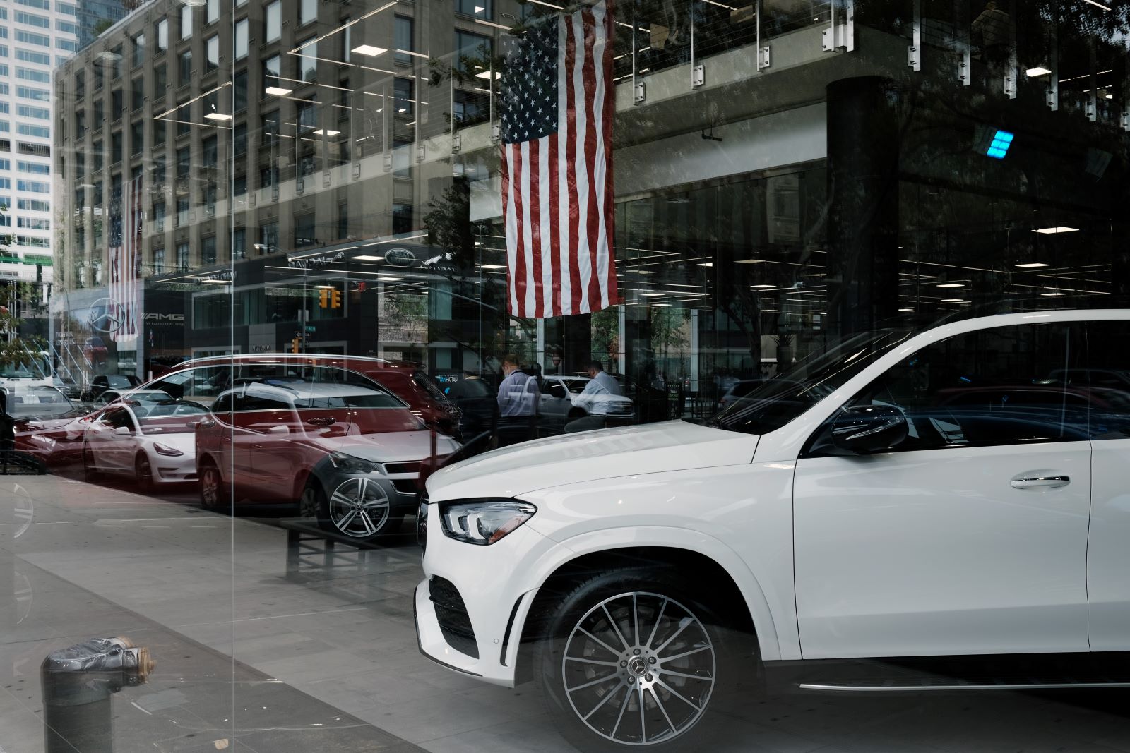 Cars and SUVs displayed in the showroom window of a car dealership