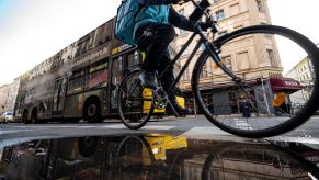 A cyclist in Berlin, Germany, as the city plans for the creation of a car-free Oranienstraße in the city