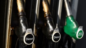 A diesel fuel petrol pump is seen at a gas station