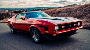 Red classic Ford Mustang, an American muscle car