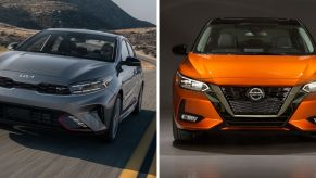 The 2022 Kia Forte in gray and the 2022 Nissan Sentra in orange compact sedan models