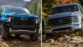 2022 Chevy Silverado ZR2 in blue and 2021 Ford F-150 Tremor in silver-gray driving over rocky terrain