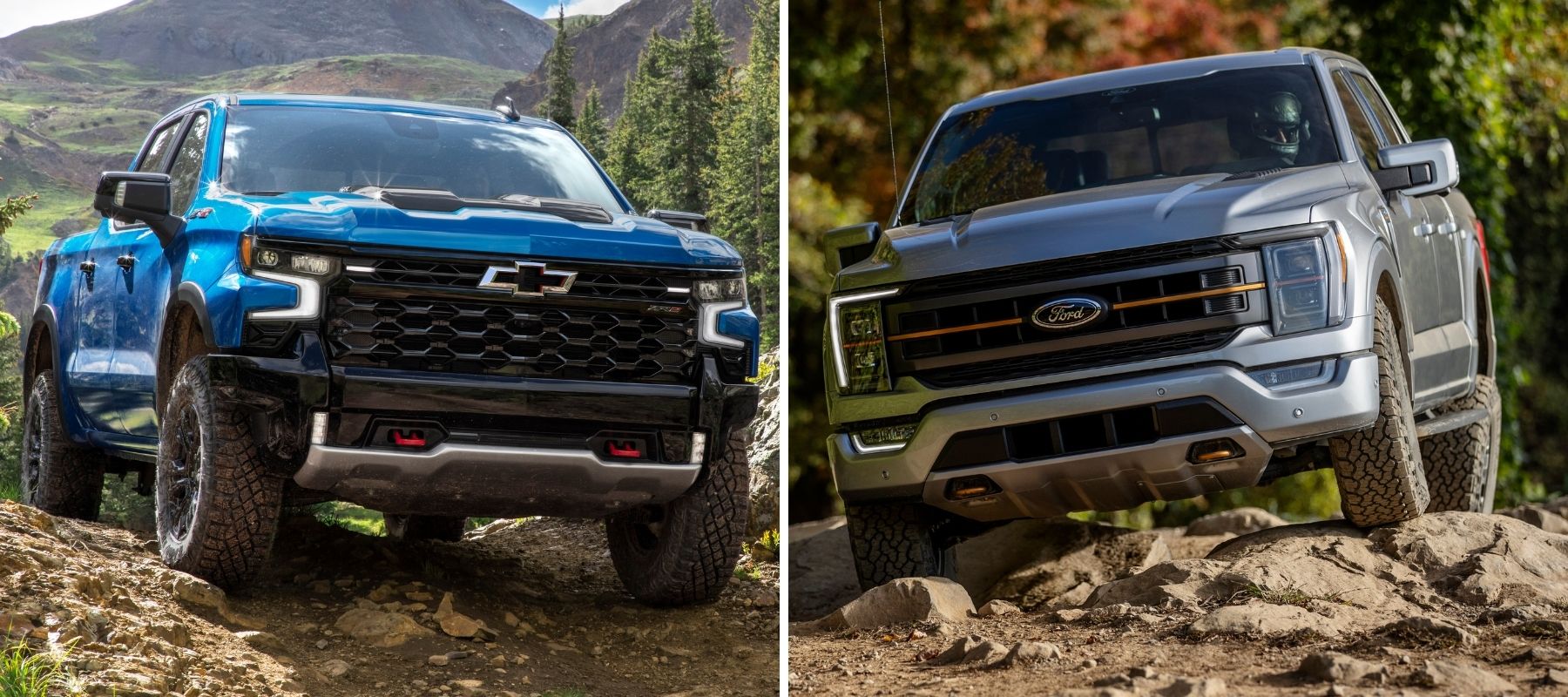 2022 Chevy Silverado ZR2 in blue and 2021 Ford F-150 Tremor in silver-gray driving over rocky terrain