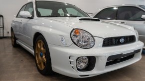 2002 Subaru WRX Bugeye Sedan with 3,833 original miles at Portland, Oregon dealership front three-quarter