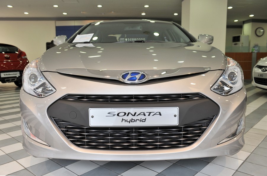 Hyundai onata hybrid car at its branch in Seoul front-end shot