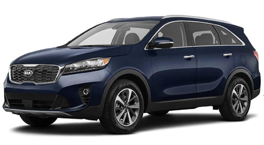 A dark blue 2019 Kia Sorento against a white background.