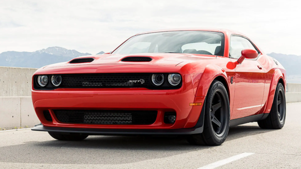 The 2021 Dodge Challenger SRT Super Stock performance muscle car with Dual Snorkel Hood