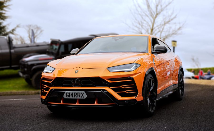 An orange 2021 Lamborghini Urus at the Sharnbrook Hotel in Bedfordshire