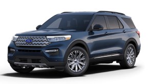 A navy blue 2022 Ford Explorer against a white backdrop.