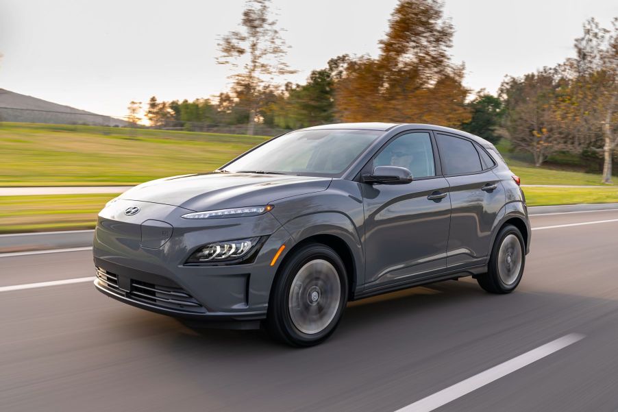 The 2022 Hyundai Kona Electric compact SUV in gray