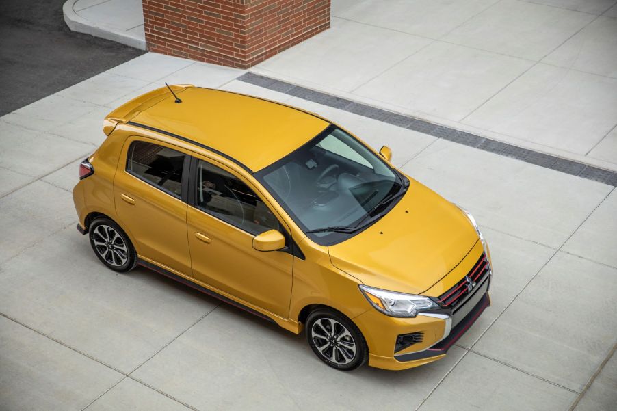 An overhead shot of the 2022 Mitsubishi Mirage subcompact hatchback with a gold paint color option