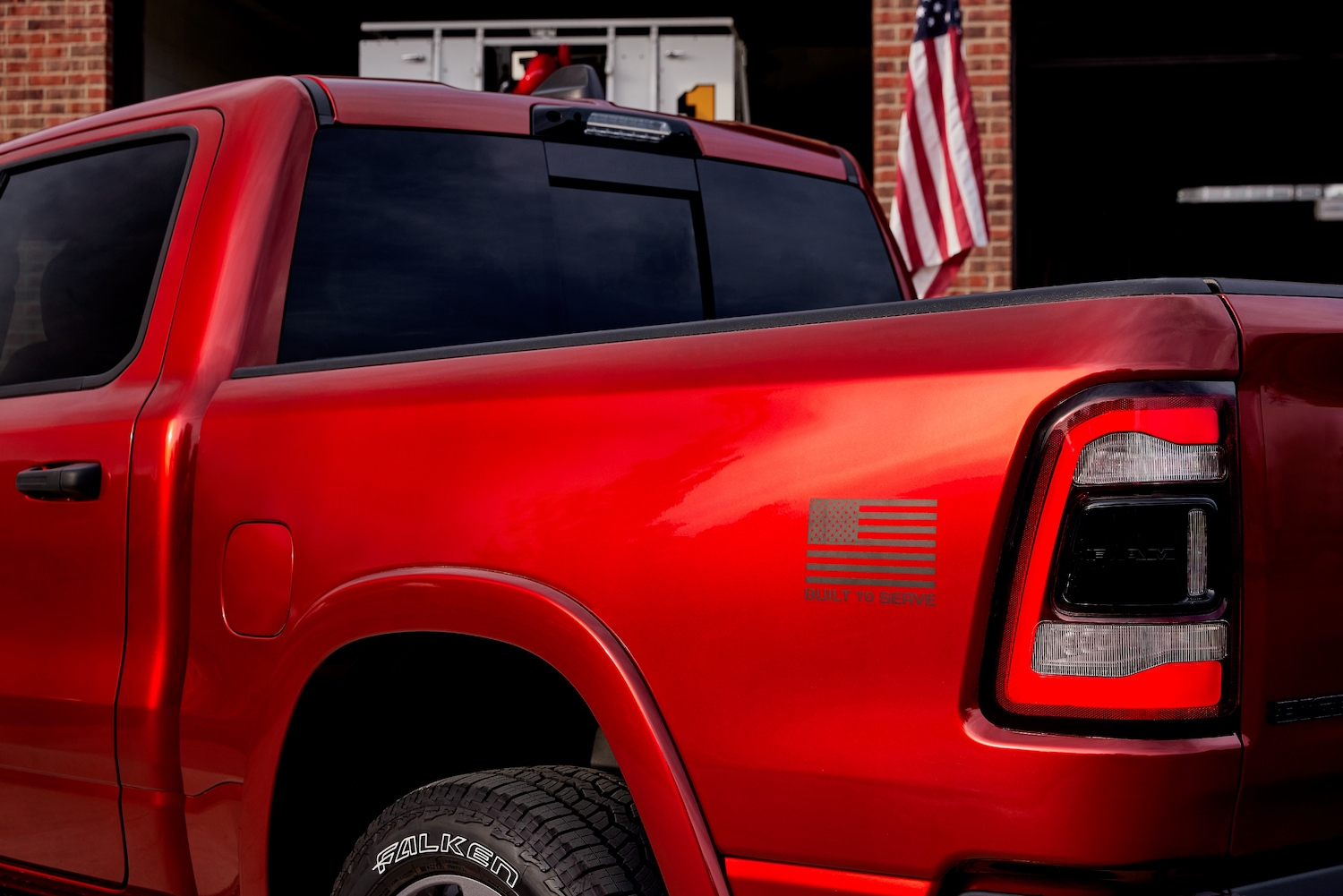 Detail shot of a red Ram 1500 pickup truck.