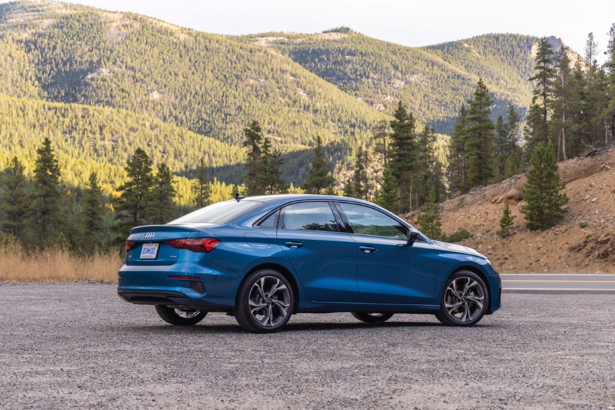 Side angle view of a 2022 Audi A3 sedan, one of the luxury cars with the most cargo space