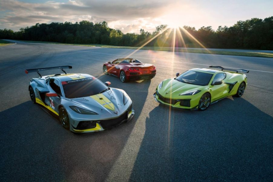 Trio of 2023 Chevrolet Corvette models parked on a track