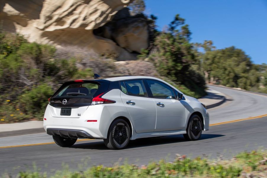 Rear angle view of the new 2023 Nissan LEAF EV, one of the cheapest new electric vehicle you can buy