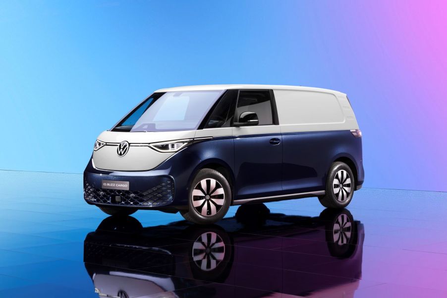 2024 Volkswagen ID. Buzz Cargo all-electric van promotional image with in a blue and white paint color option