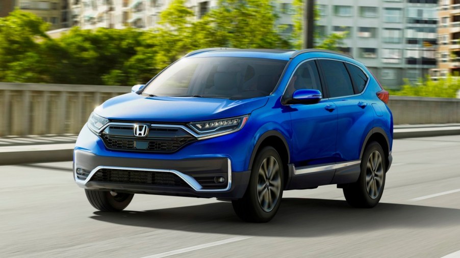 Front angle view of blue 2022 Honda CR-V