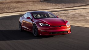 Front angle view of red 2022 Tesla Model S, highlighting how you can buy an EV that isn't sold in your state