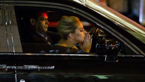 Lady Gage waiting in a car after a protest against Donald Trump in New York City