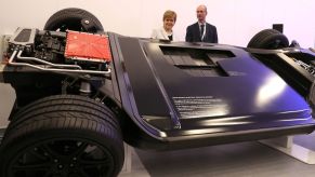 Scotland's First Minister Nicola Sturgeon looking at electric vehicle platform from Williams Advanced Engineering