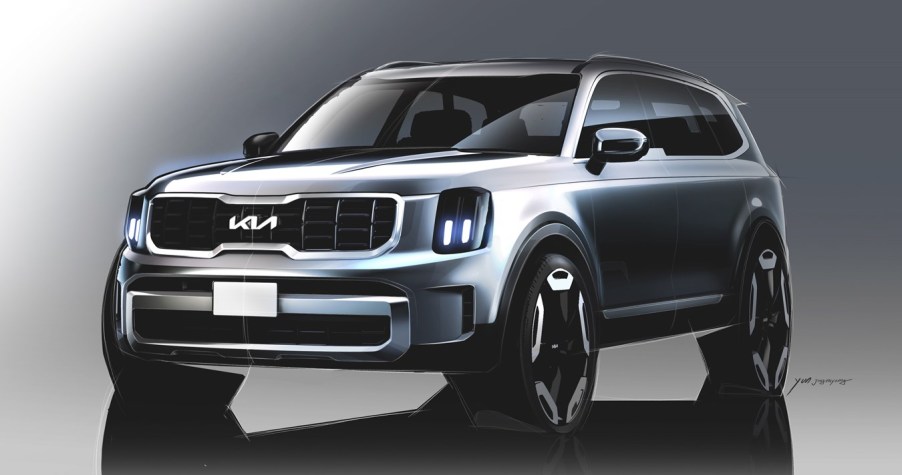 A rednering of a light gray 2023 Kia Telluride against a gray background