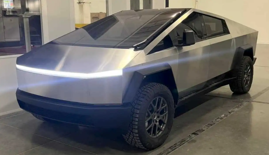 The Tesla Cybertruck parked indoors