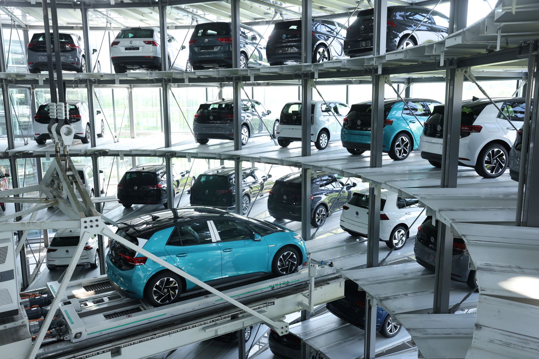 A Volkswagen ID.3 electric car (EV) being stored in a car production garage