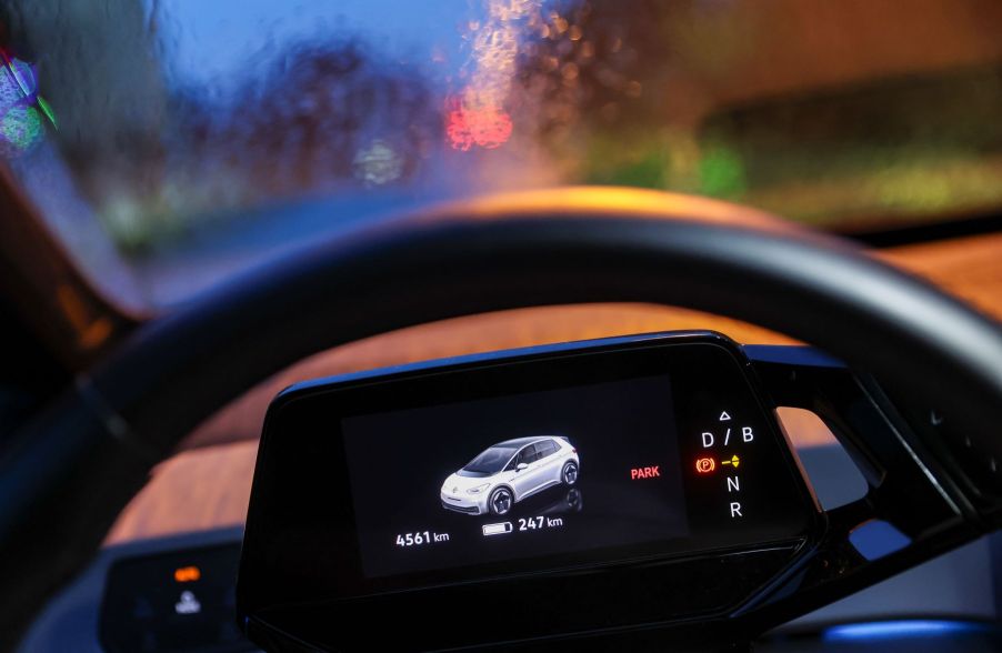 Electric driving range on the driver's display inside a Volkswagen ID.3 electric vehicle