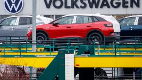 Volkswagen ID.5 electric vehicles parked outside a VW plant in Zwickau, Germany