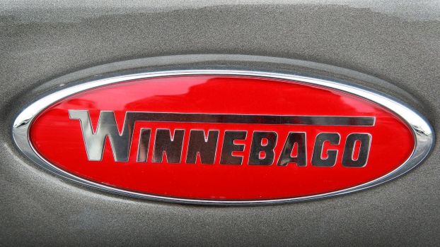 The Winnebago logo badging on a Sightseer motor home at the Camp-Land RV dealership in Burns Harbor, Indiana