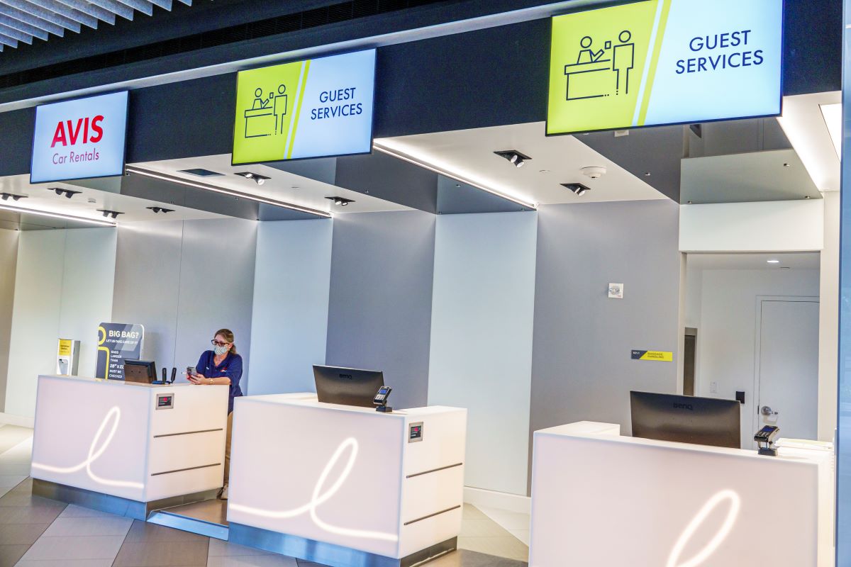 Shot of an Avis Car Rental booth in a passenger train station in West Palm Beach, Florida