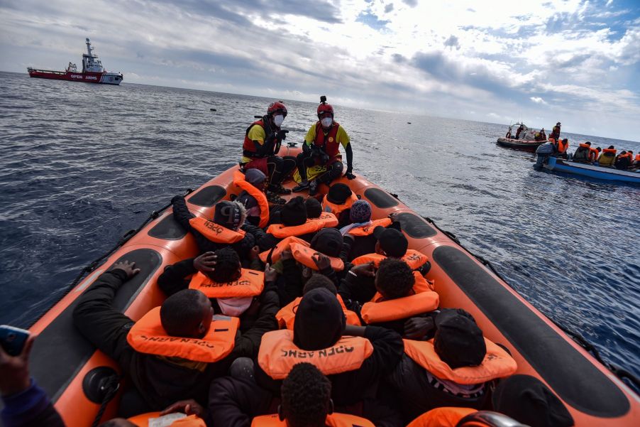 A float plan enacted to rescue migrants from a sinking ship in Sar Libya, Spain