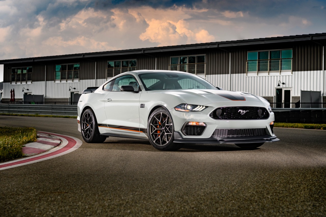 White 2021 Ford Mustang Mach 1 fastback coupe, one of the best used Mustangs