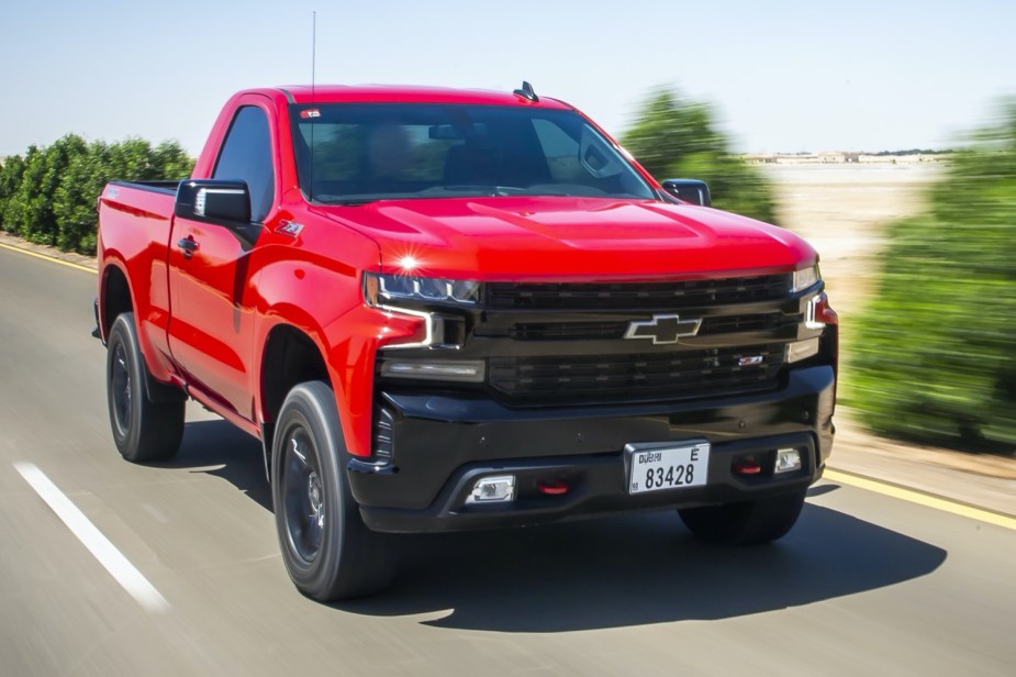 2022 Chevrolet Silverado1500 in red on a road. 