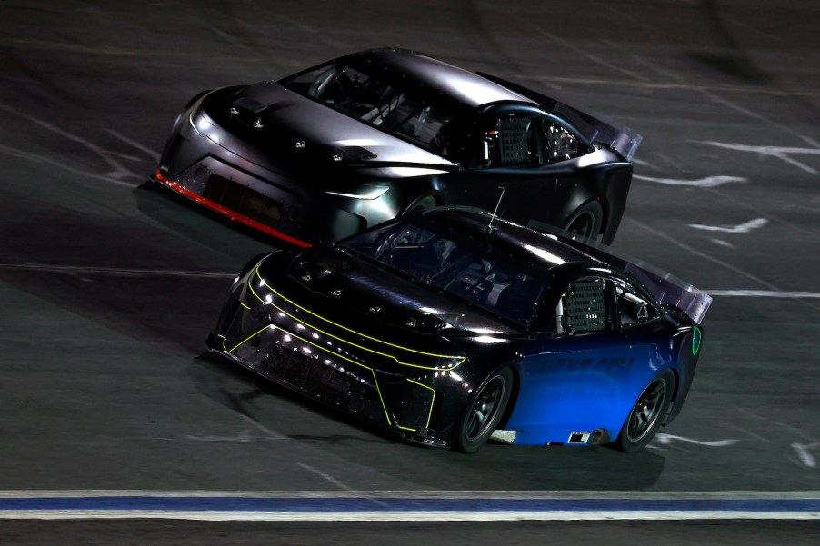 Two NASCAR Next Gen cars completing drafting testing.