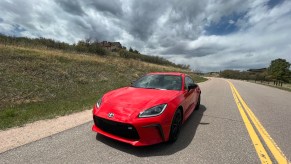 A front corner view of the 2022 Toyota GR86 on an empty road.