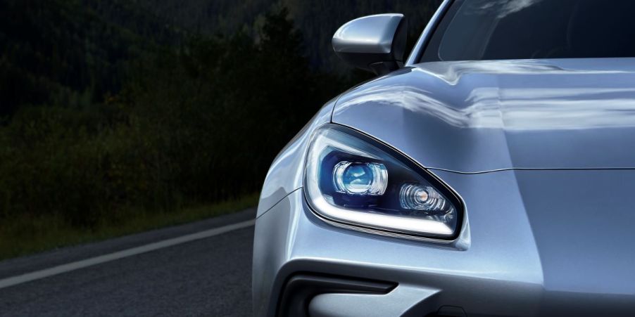 Close up of the front right headlight on a new Subaru BRZ. The BRZ is the only car to not offer Subaru all-wheel drive