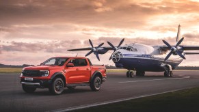 a red 2023 Ford Ranger Raptor on a runway